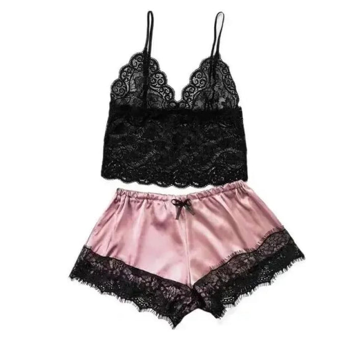 Lace Pajama Set With v Neck Top And Silky Shorts
