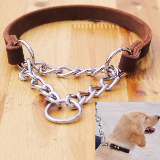 Leather Dog Collar With Stainless Steel Chain