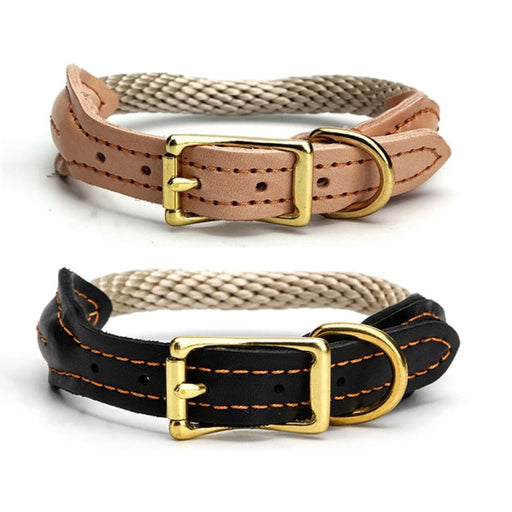 Leather & Hemp Rope Dog Collar with Copper Buckle