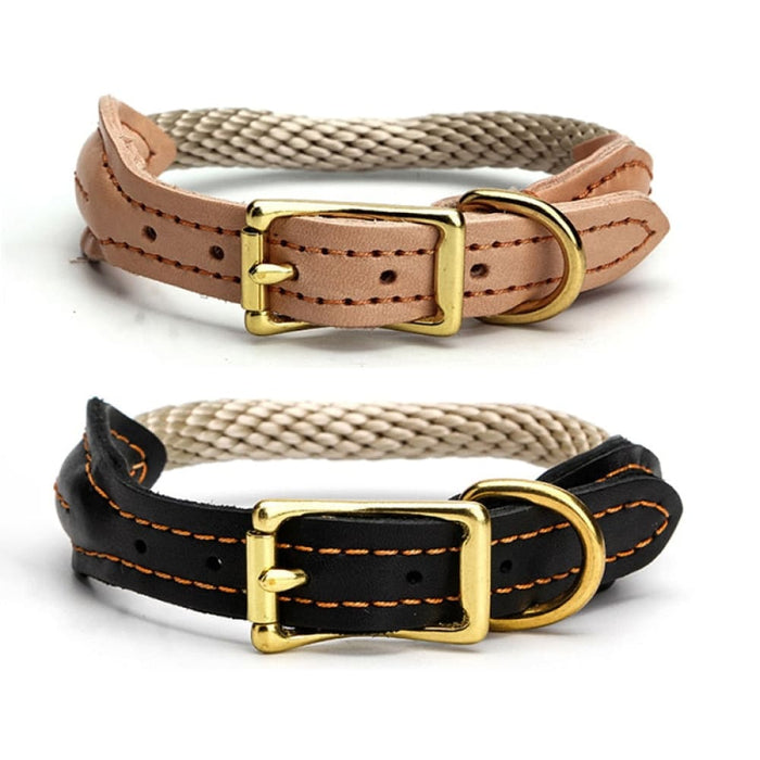 Leather & Hemp Rope Dog Collar with Copper Buckle