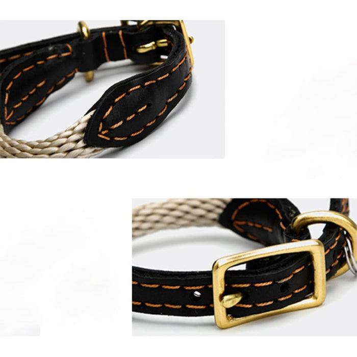 Leather & Hemp Rope Dog Collar with Copper Buckle