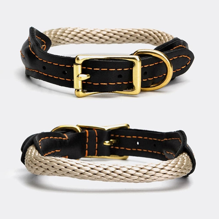 Leather & Hemp Rope Dog Collar With Copper Buckle