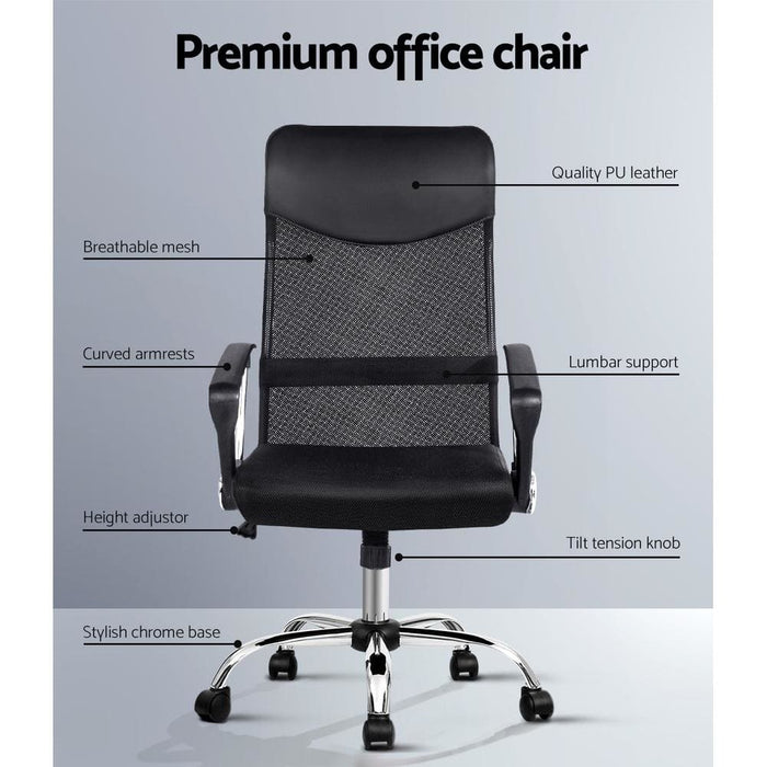 Pu Leather Mesh High Back Office Chair - Black