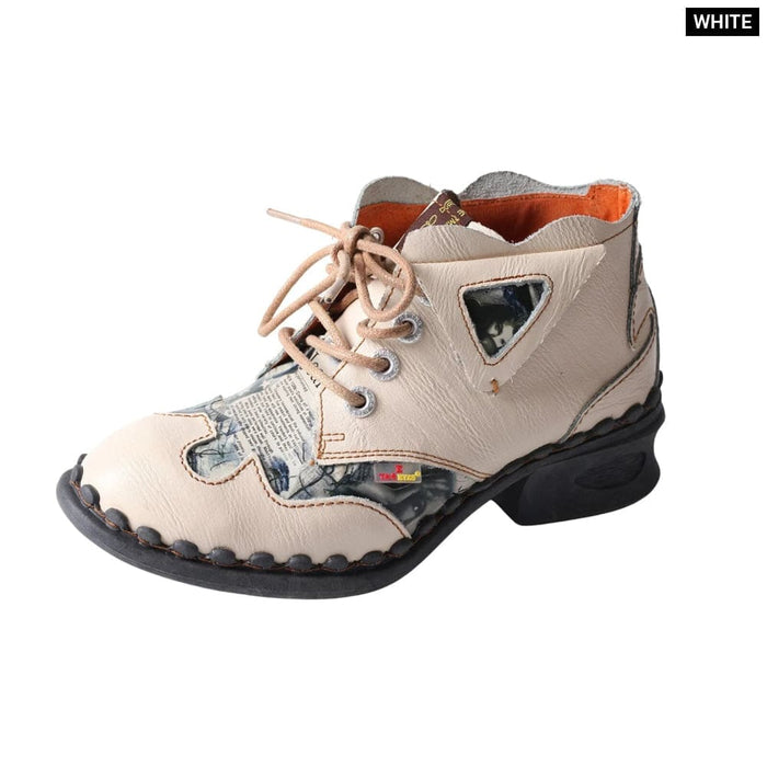 Leather Womens Ankle Shoes For Outdoor,medium Heel Floral