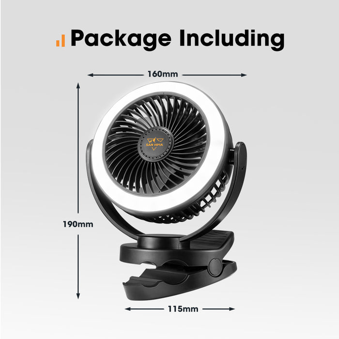 1 Pack San Hima 10000mAh Camping Fan Portable W/ LED Light USB Rechargeable Clip On