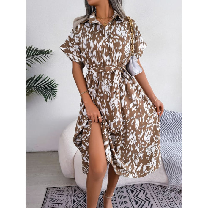 Leopard Print Batwing Sleeve Shirt Dress for Summer