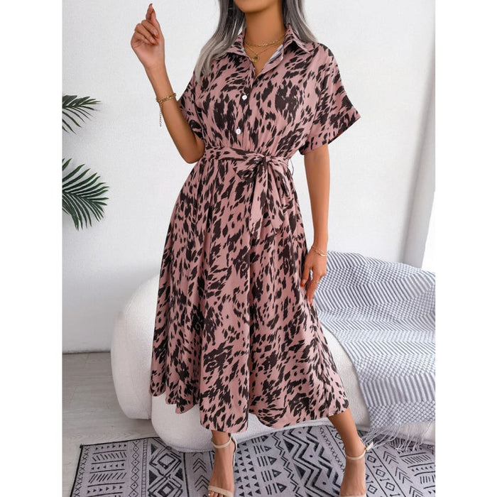 Leopard Print Batwing Sleeve Shirt Dress for Summer