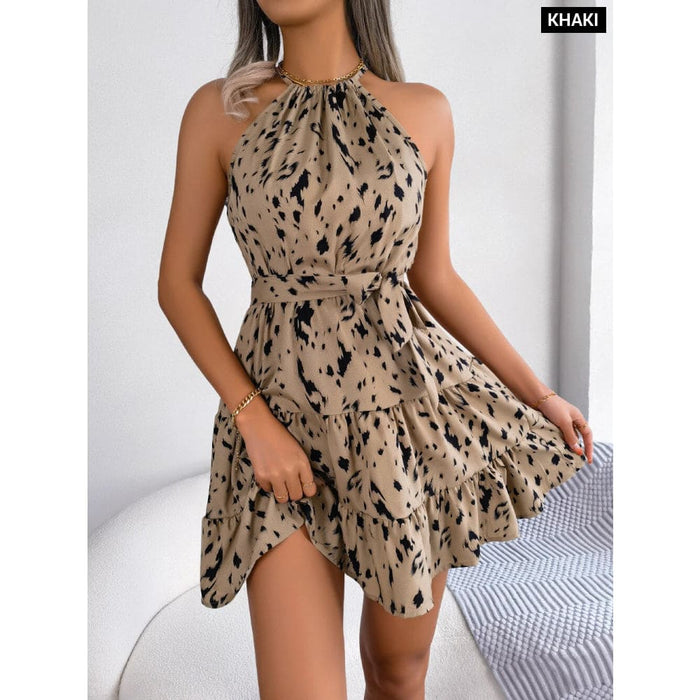 Leopard Print Ruffled Halter Dress for Summer