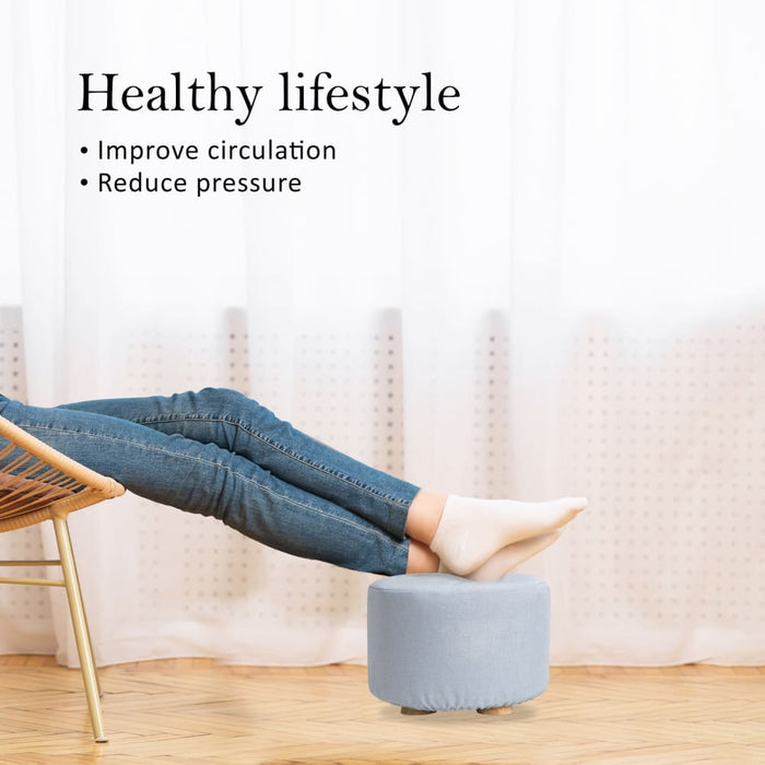 Light Blue Fabric Ottoman Round Wooden Leg Foot Stool