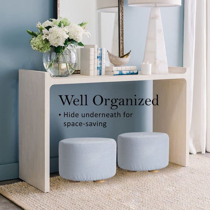 Light Blue Fabric Ottoman Round Wooden Leg Foot Stool
