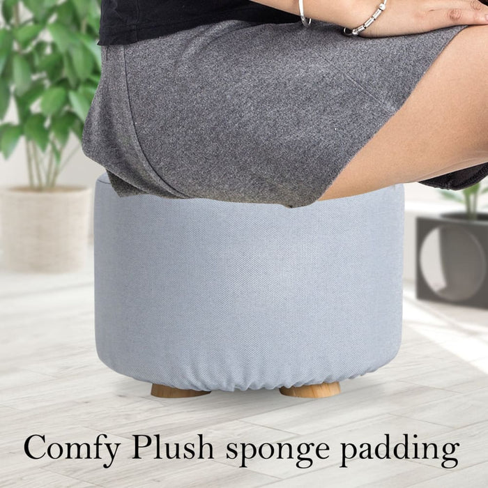 Light Blue Fabric Ottoman Round Wooden Leg Foot Stool