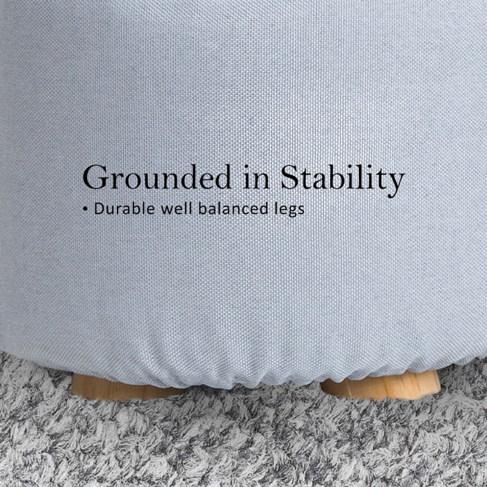 Light Blue Fabric Ottoman Round Wooden Leg Foot Stool