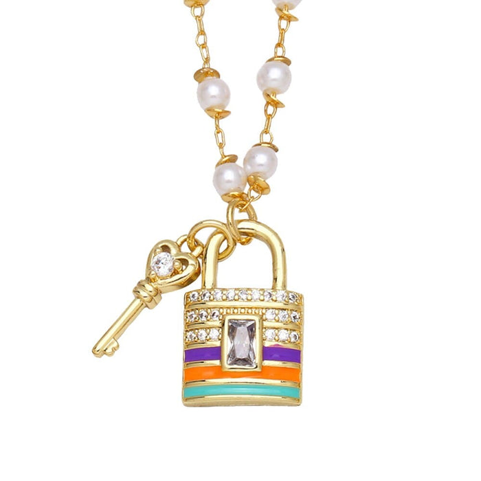 Key Lock Charm Necklace Elegant Crystal Lovely Beads Chain