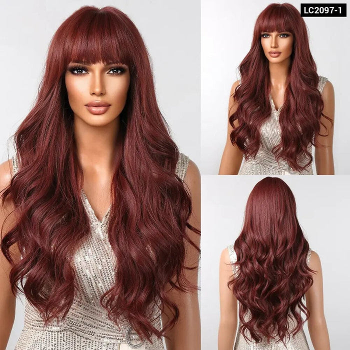 Long Brown Wavy Wig with Bangs