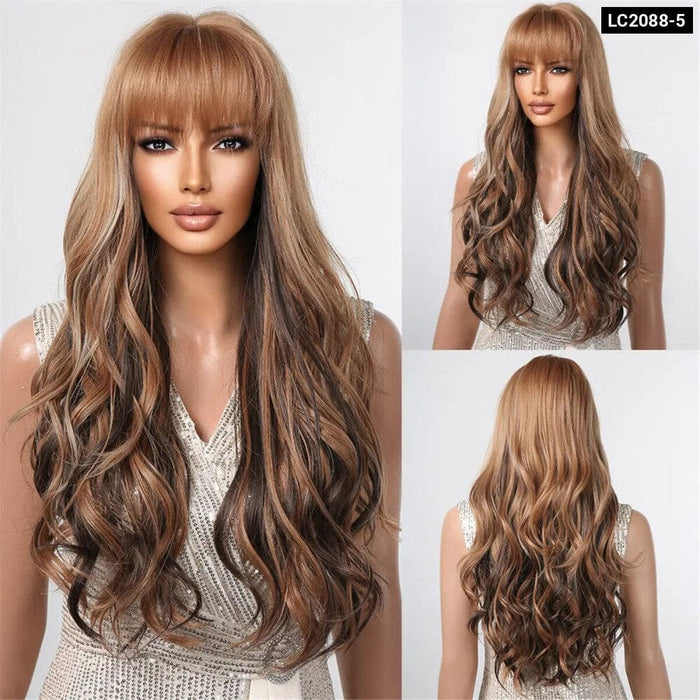 Long Brown Wavy Wig with Bangs