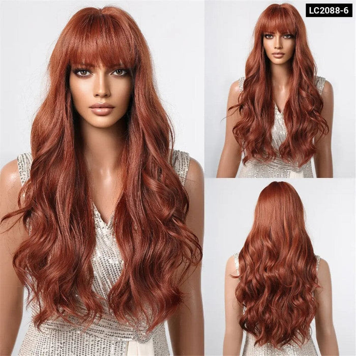 Long Brown Wavy Wig with Bangs
