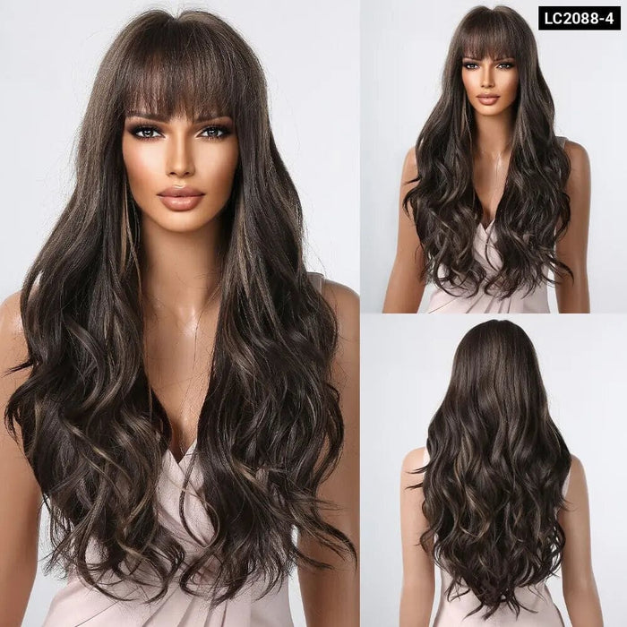 Long Brown Wavy Wig with Bangs