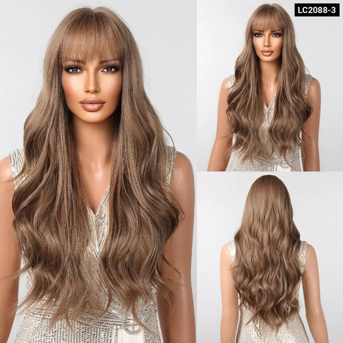 Long Brown Wavy Wig with Bangs