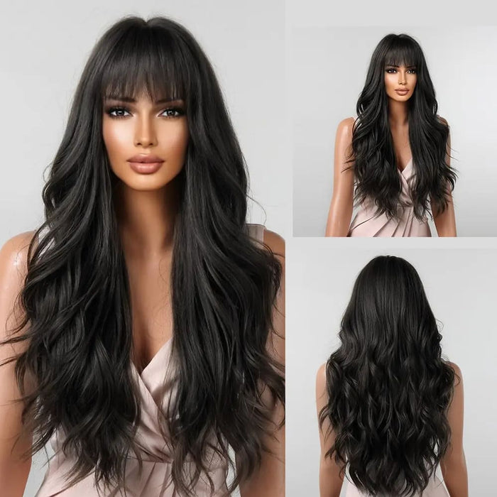 Long Brown Wavy Wig with Bangs