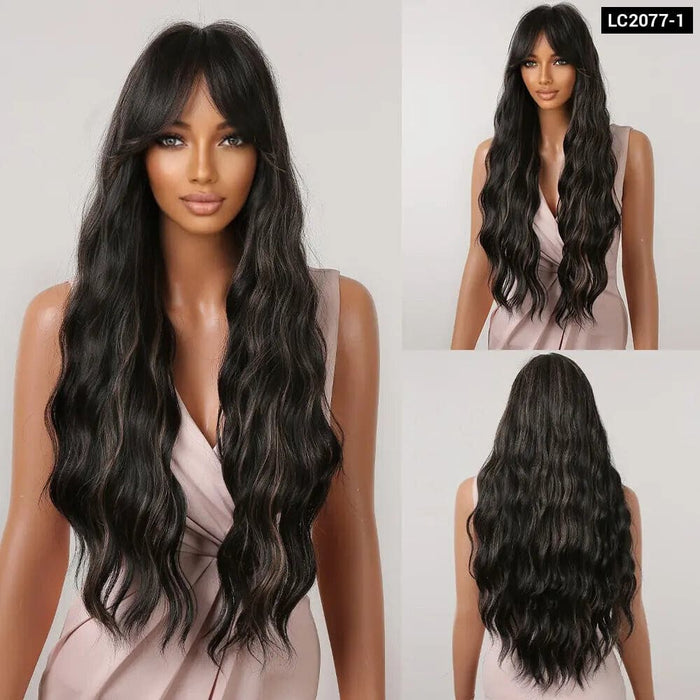 Long Brown Wavy Wig with Bangs