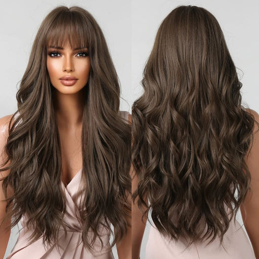 Long Brown Wavy Wig with Bangs