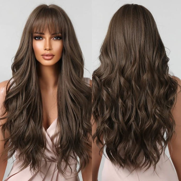 Long Brown Wavy Wig with Bangs