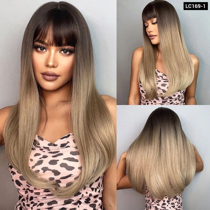 Long Straight Wine Red Wig with Bangs