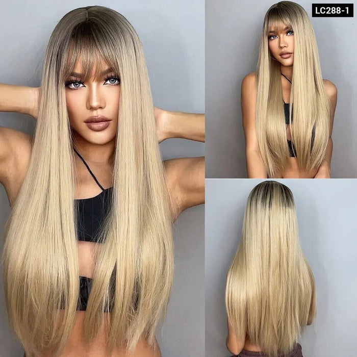 Long Straight Wine Red Wig with Bangs