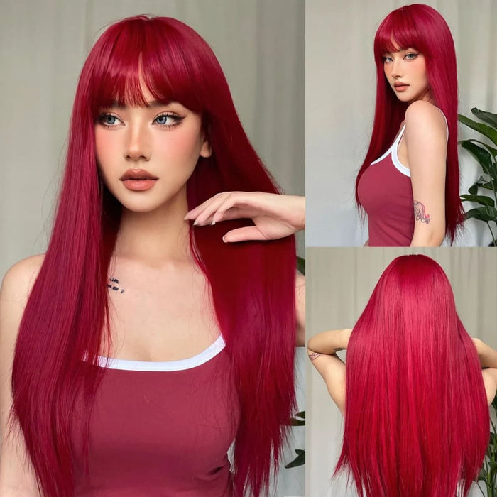 Long Straight Wine Red Wig with Bangs