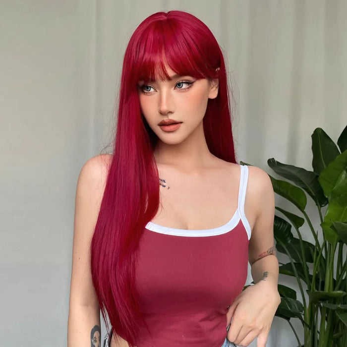 Long Straight Wine Red Wig with Bangs
