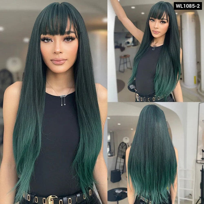 Long Straight Wine Red Wig with Bangs