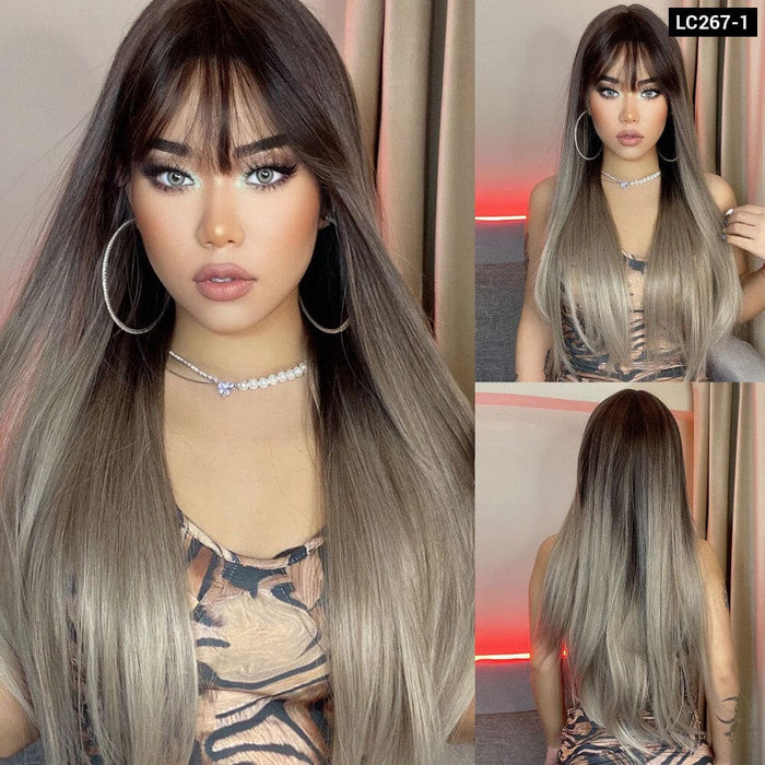 Long Straight Wine Red Wig with Bangs