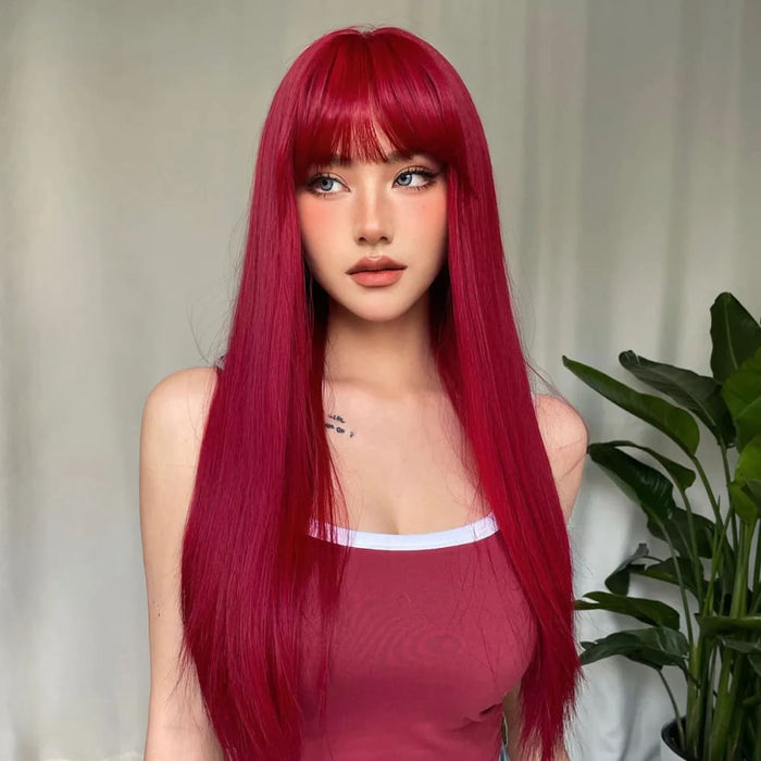 Long Straight Wine Red Wig with Bangs