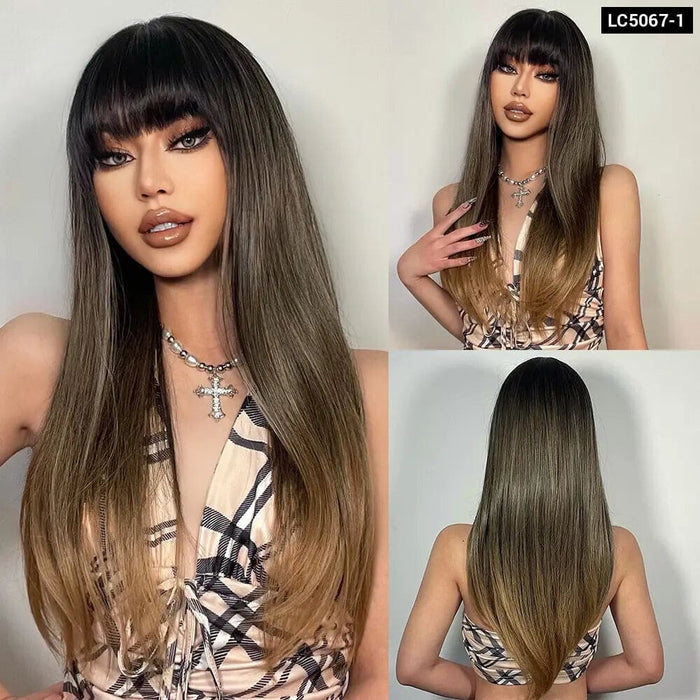 Long Straight Wine Red Wig with Bangs