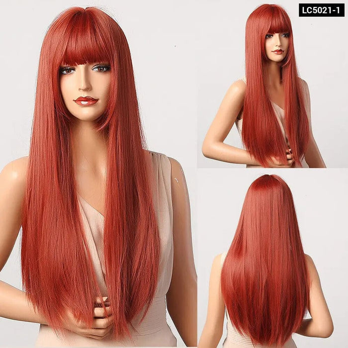 Long Straight Wine Red Wig with Bangs