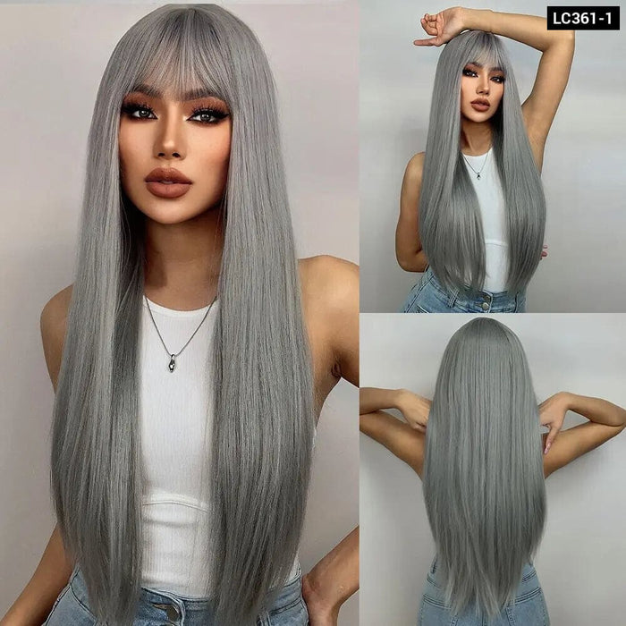 Long Straight Wine Red Wig with Bangs