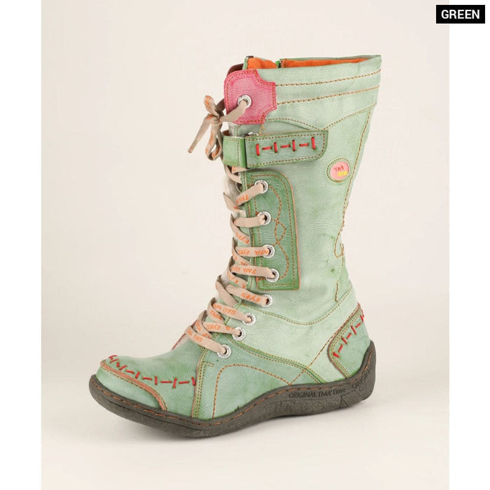 Long Warm Leather Womens Boots In Winter With Solid Colour