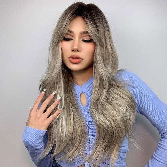 Long Wavy Brown Blonde Ombre Synthetic Wig with Dark Roots