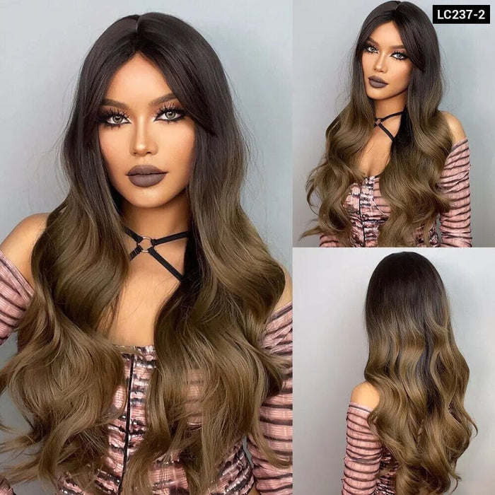 Long Wavy Brown Blonde Ombre Synthetic Wig with Dark Roots