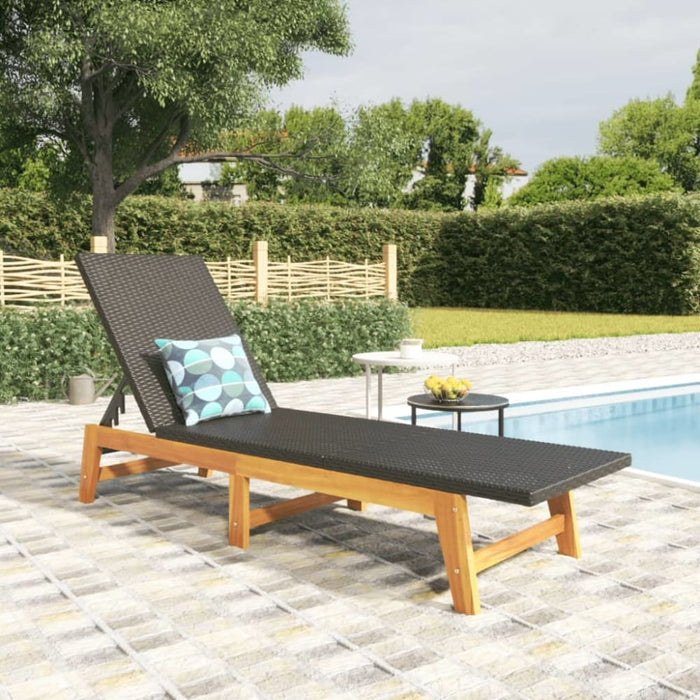 Sun Lounger Black and Brown Poly Rattan&solid Wood Acacia