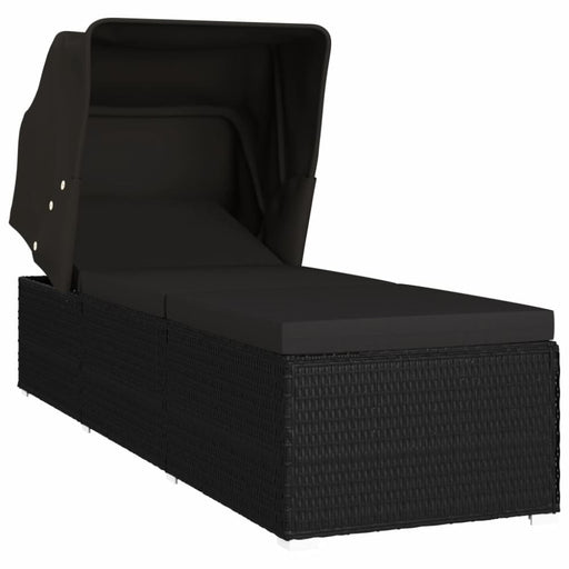 Sun Lounger with Canopy and Cushion Poly Rattan Black Alxak