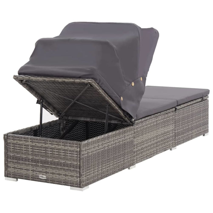 Sun Lounger with Canopy and Cushion Poly Rattan Grey Alxan