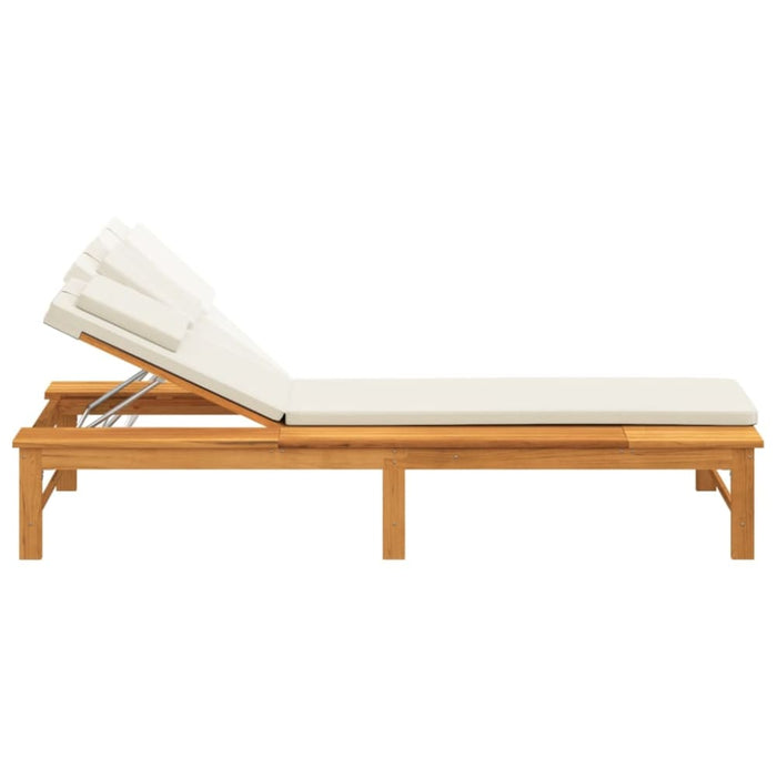 Sun Lounger with Cream White Cushion and Pillow Solid Wood