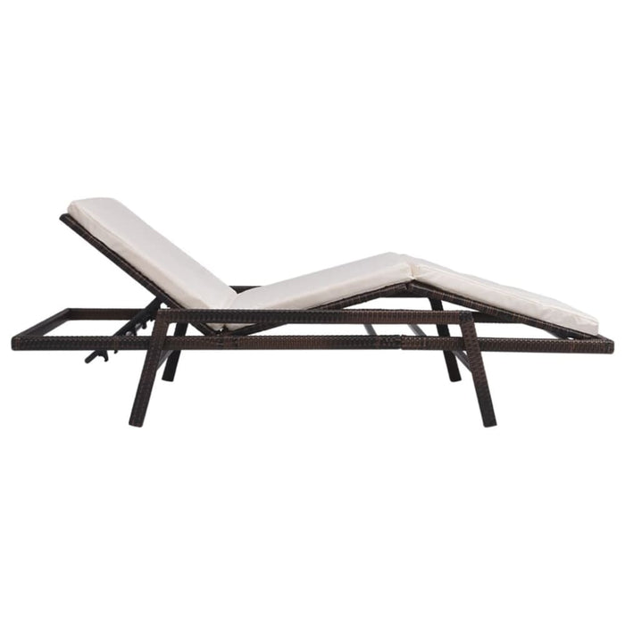 Sun Lounger with Cushion Poly Rattan Brown Atobi