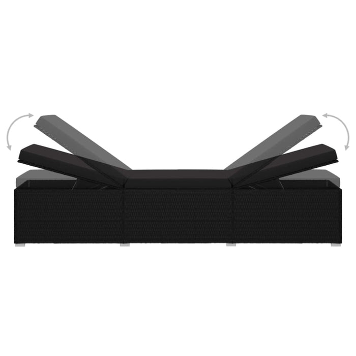 Sun Lounger with Cushion and Tea Table Poly Rattan Black