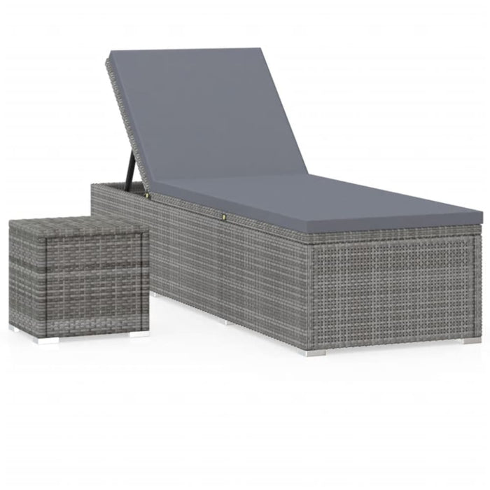 Sun Lounger with Cushion and Tea Table Poly Rattan Grey
