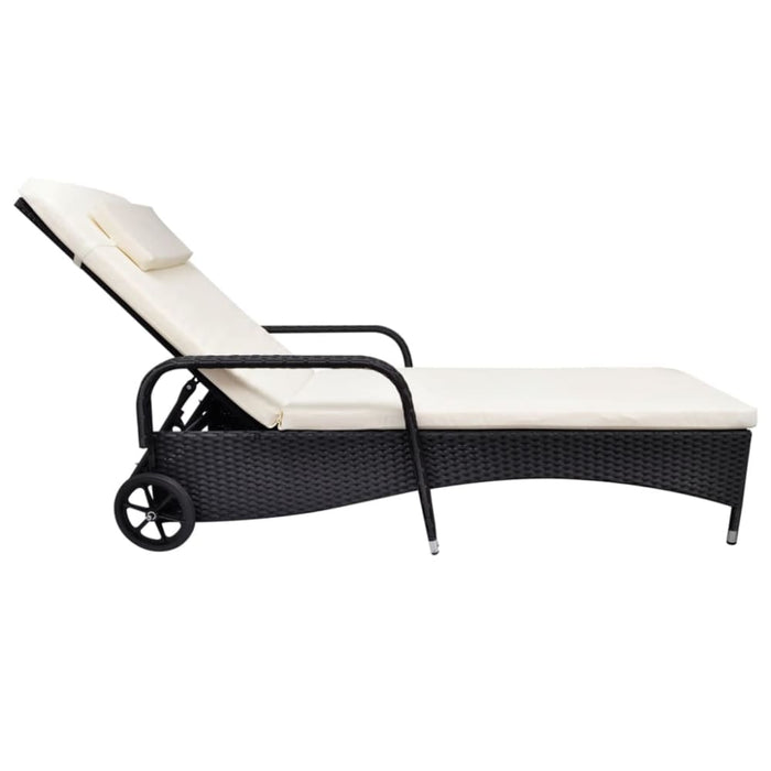 Sun Lounger with Cushion & Wheels Poly Rattan Black Axaip