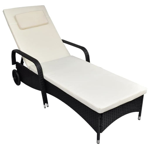 Sun Lounger with Cushion & Wheels Poly Rattan Black Axaip