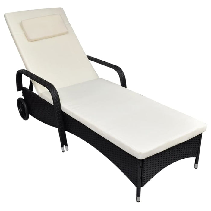 Sun Lounger with Cushion & Wheels Poly Rattan Black Axaip