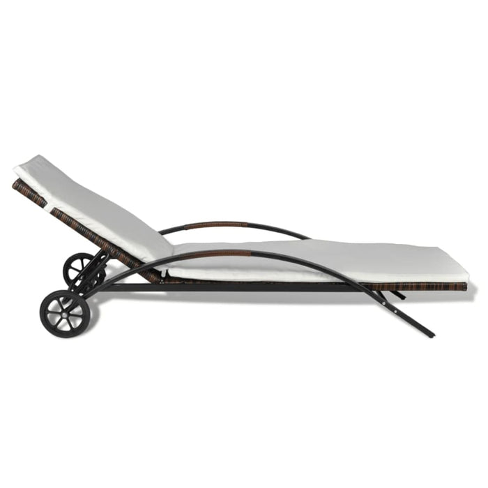 Sun Lounger with Cushion & Wheels Poly Rattan Brown Axann